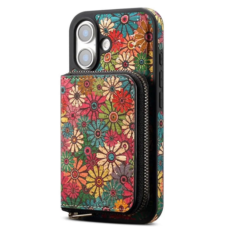For iPhone 16 Plus Magnetic Case with Detachable Zipper Card Bag Flower Leather Back Cover - Green