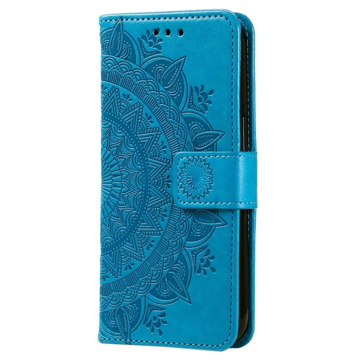 For Xiaomi 12T 5G / Redmi K50 Ultra 5G / 12T Pro 5G Mandala Flower Pattern Imprinted Folding Stand PU Leather Case TPU Inner Shell Wallet Flip Cover with Strap - Blue