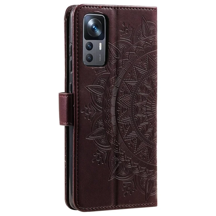 For Xiaomi 12T 5G / Redmi K50 Ultra 5G / 12T Pro 5G Mandala Flower Pattern Imprinted Folding Stand PU Leather Case TPU Inner Shell Wallet Flip Cover with Strap - Brown