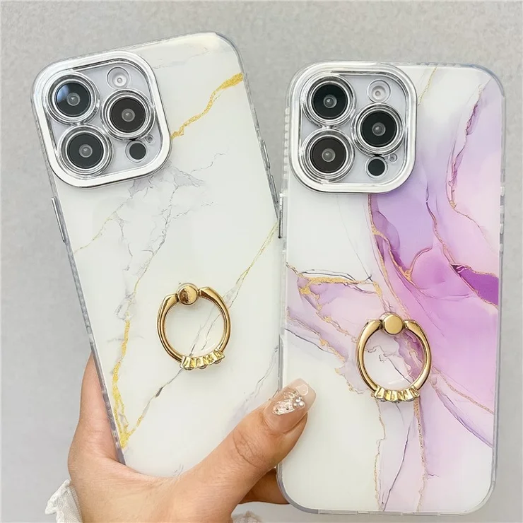 For iPhone 16 Pro Max Case with Kickstand IMD Marble Pattern Electroplated Phone Cover - S2
