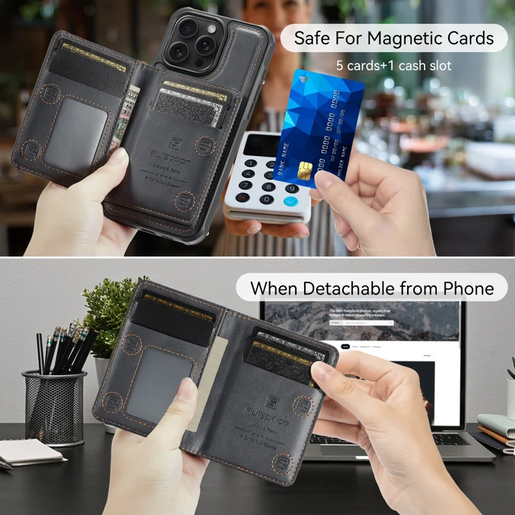 For iPhone 16 Pro Case AUTSPACE A13 Vintage Leather Back Cover with Magnetic Detachable Card Bag - Black