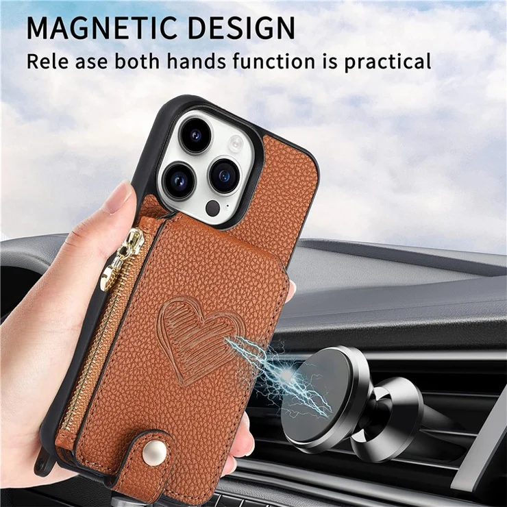 For iPhone 16 Pro Max Case Card Holder Kickstand Leather Back Cover with Shoulder Strap - Brown