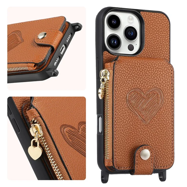 For iPhone 16 Pro Max Case Card Holder Kickstand Leather Back Cover with Shoulder Strap - Brown