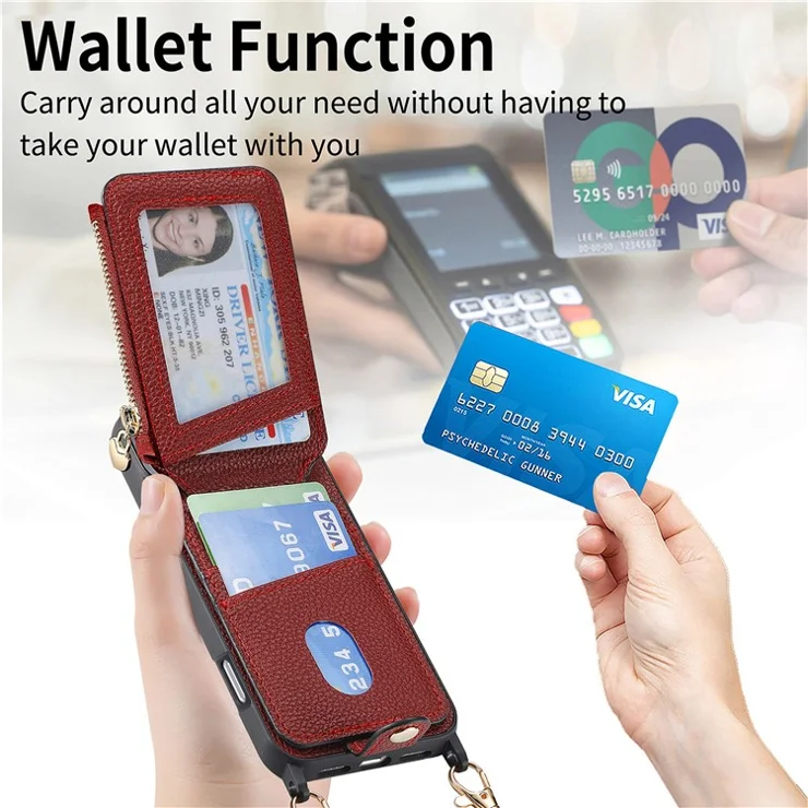 For iPhone 16 Pro Max Case Card Holder Kickstand Leather Back Cover with Shoulder Strap - Red