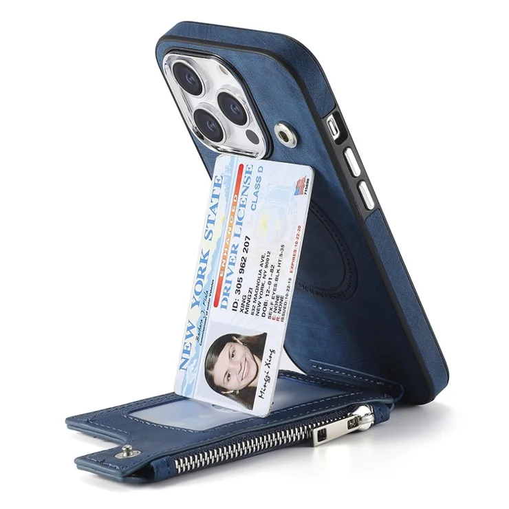 For iPhone 13 Pro Max Magnetic Case Card Holder Kickstand TPU + Leather Back Cover - Blue