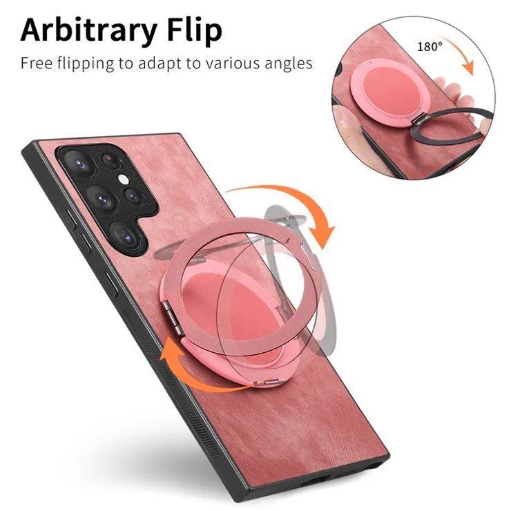 For Samsung Galaxy S25 Ultra Phone Case with Rotating Kickstand Stress Relief Retro Leather Back Cover - Pink