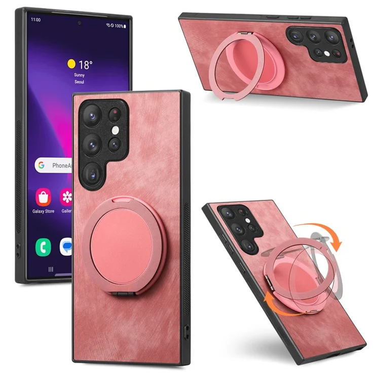 For Samsung Galaxy S24 Ultra Phone Case with Rotating Kickstand Stress Relief Retro Leather Back Cover - Pink
