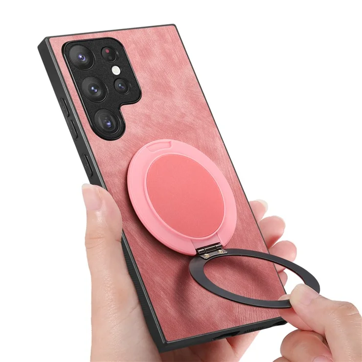 For Samsung Galaxy S24 Ultra Phone Case with Rotating Kickstand Stress Relief Retro Leather Back Cover - Pink