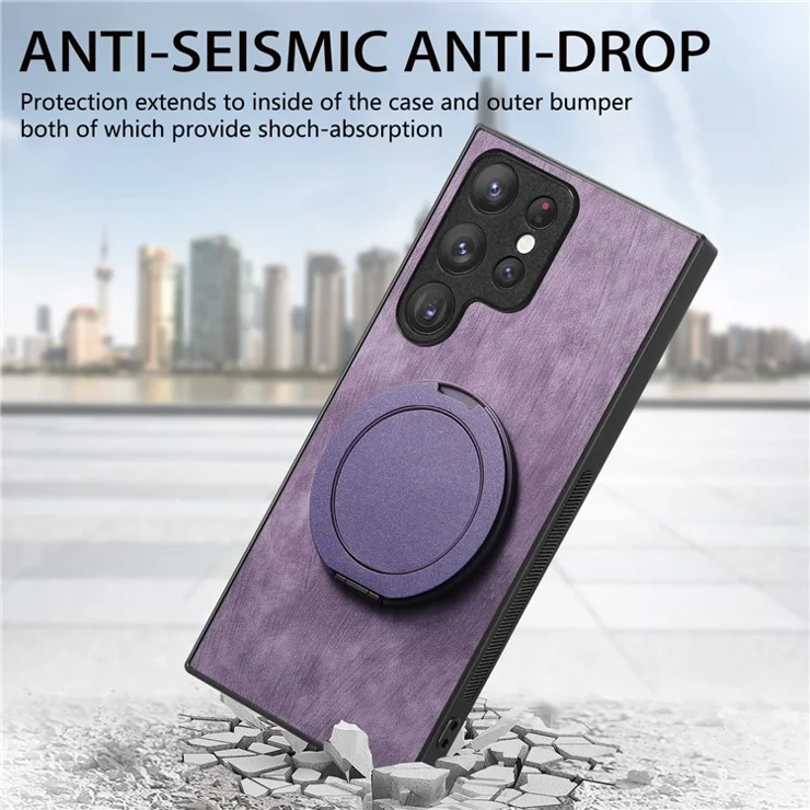 For Samsung Galaxy S24 Ultra Phone Case with Rotating Kickstand Stress Relief Retro Leather Back Cover - Purple