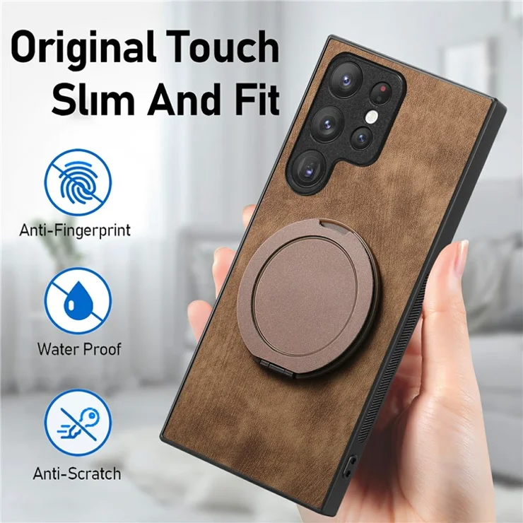 For Samsung Galaxy S23 Ultra Phone Case with Rotating Kickstand Stress Relief Retro Leather Back Cover - Brown