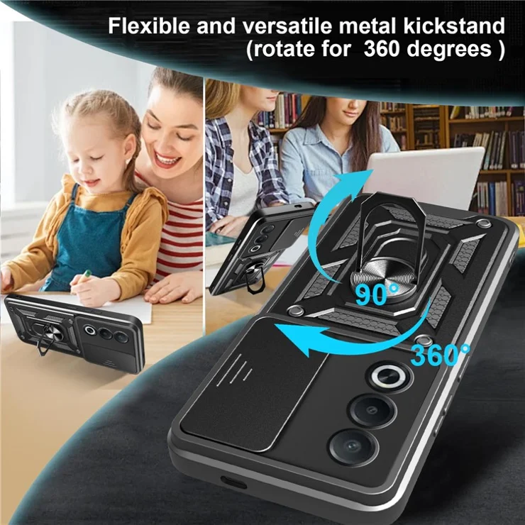 For Oppo A3 Pro (India) 5G / A80 5G Case with Slide Camera Lid PC + TPU Kickstand Phone Cover - Green