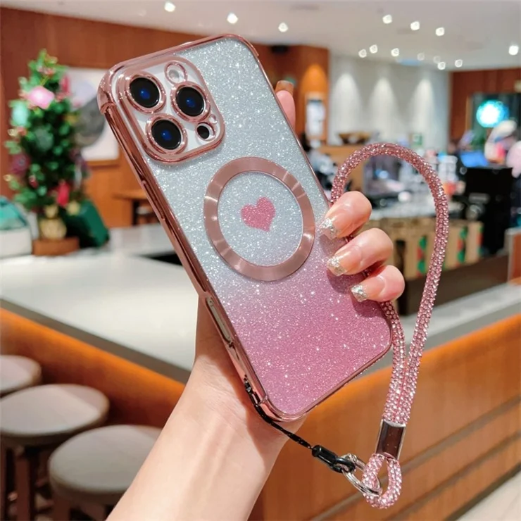 For iPhone 16 Pro Max Case Compatible with MagSafe TPU Phone Cover with Strap Heart Gradient Sparkle - Rose Pink