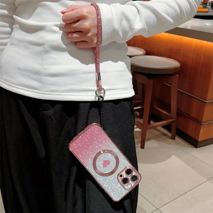 For iPhone 16 Pro Max Case Compatible with MagSafe TPU Phone Cover with Strap Heart Gradient Sparkle - Rose Pink