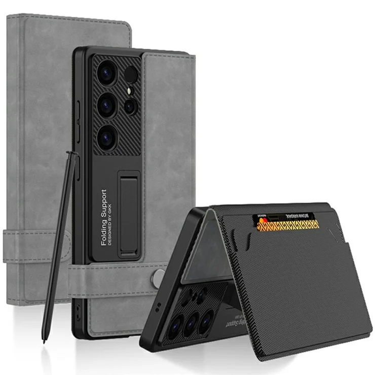 GKK For Samsung Galaxy S24 Ultra Case with Card Holder Kickstand Leather Flip Phone Cover Magnetic Closure - Grey