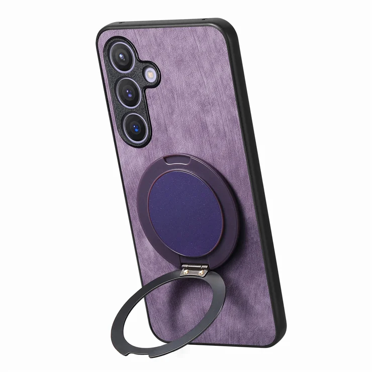 For Samsung Galaxy S24 FE Phone Case with Rotating Kickstand Stress Relief Retro Leather Back Cover - Purple