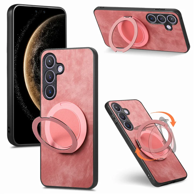 For Samsung Galaxy A55 5G Phone Case with Rotating Kickstand Stress Relief Retro Leather Back Cover - Pink