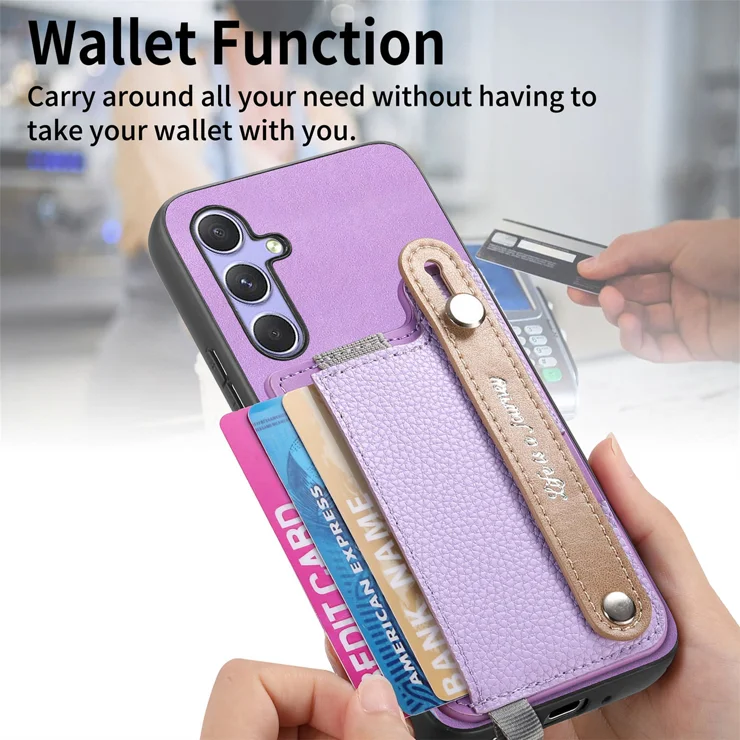 For Samsung Galaxy S23 FE Magnetic Leather Back Case with Detachable Card Holder and Wristband - Purple