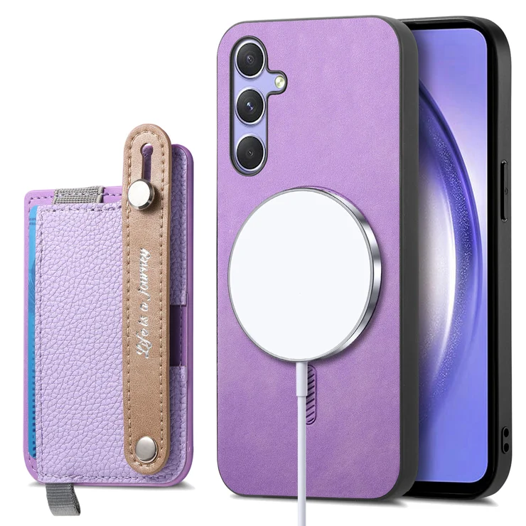 For Samsung Galaxy S23 FE Magnetic Leather Back Case with Detachable Card Holder and Wristband - Purple