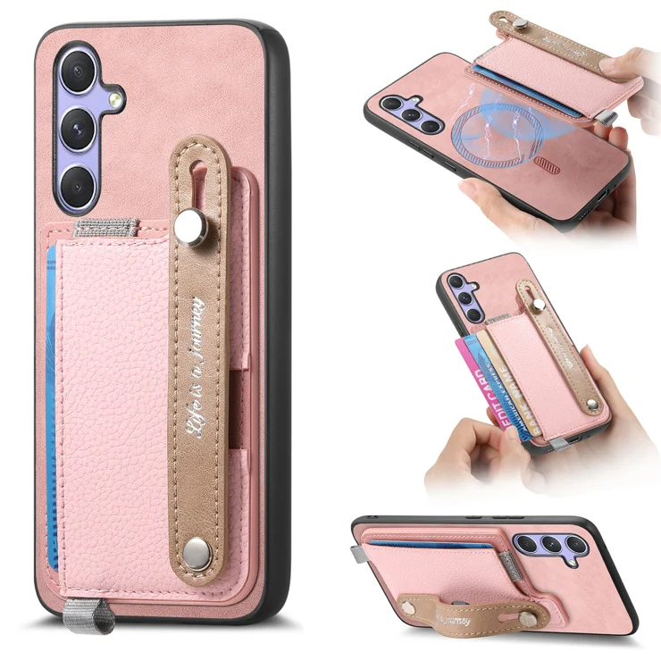 For Samsung Galaxy S25 / Galaxy S24 Magnetic Leather Back Case with Detachable Card Holder and Wristband - Pink
