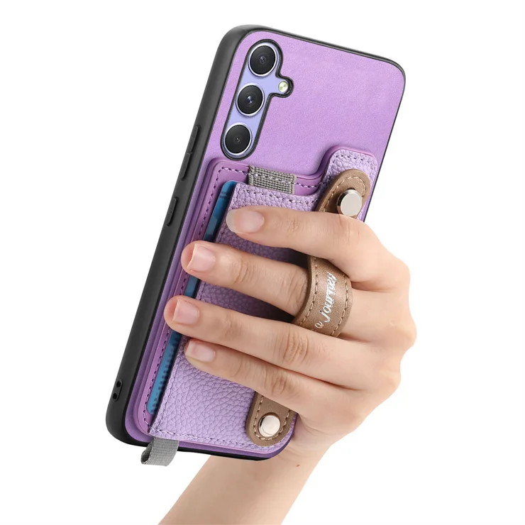For Samsung Galaxy A16 4G / Galaxy A16 5G Magnetic Leather Back Case with Detachable Card Holder and Wristband - Purple