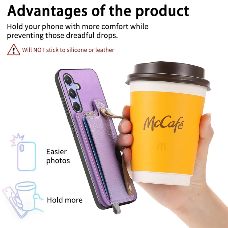 For Samsung Galaxy A05s 4G Magnetic Leather Back Case with Detachable Card Holder and Wristband - Purple