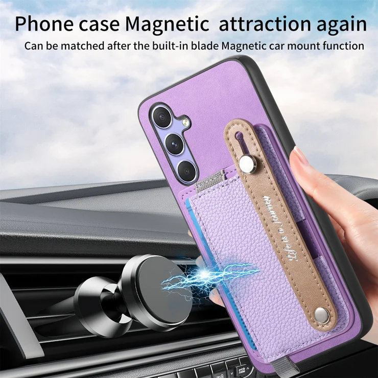 For Samsung Galaxy A15 5G / Galaxy A15 4G Magnetic Leather Back Case with Detachable Card Holder and Wristband - Purple