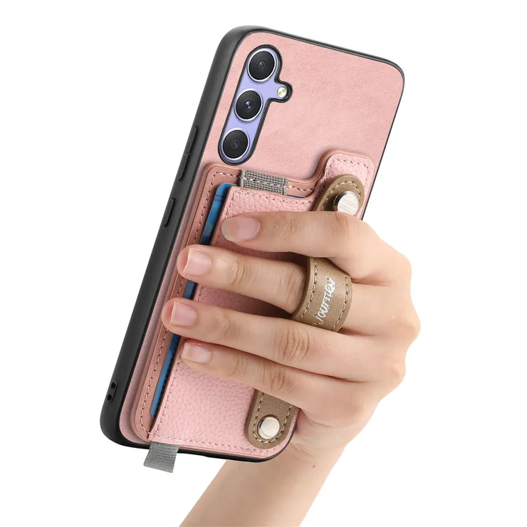 For Samsung Galaxy A35 5G Magnetic Leather Back Case with Detachable Card Holder and Wristband - Pink