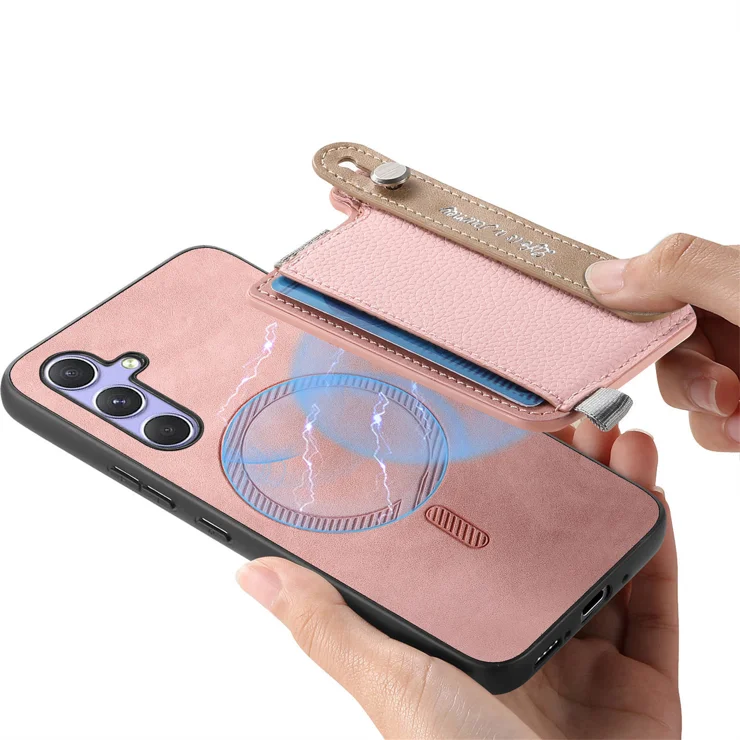 For Samsung Galaxy A35 5G Magnetic Leather Back Case with Detachable Card Holder and Wristband - Pink