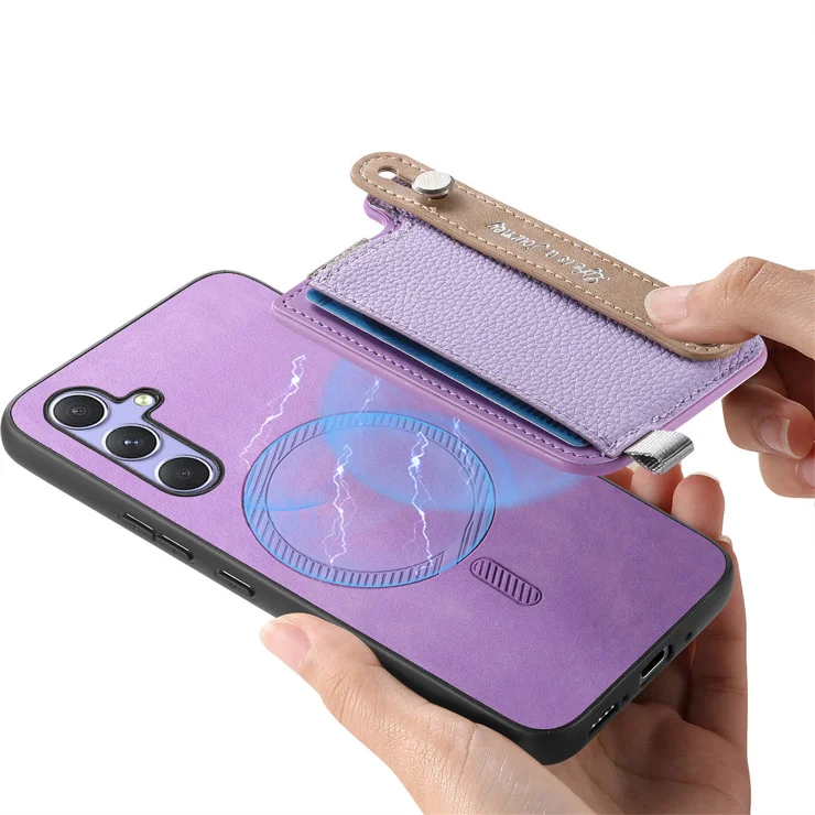 For Samsung Galaxy A55 5G Magnetic Leather Back Case with Detachable Card Holder and Wristband - Purple