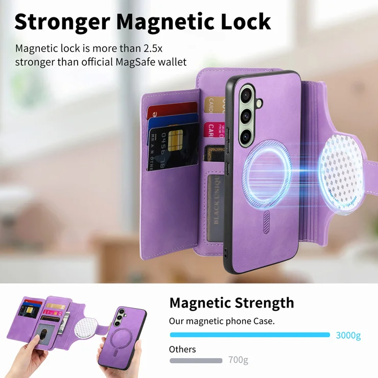 For Samsung Galaxy S24+ Magnetic Leather Case with Detachable RFID Blocking Zipper Wallet Cover - Purple