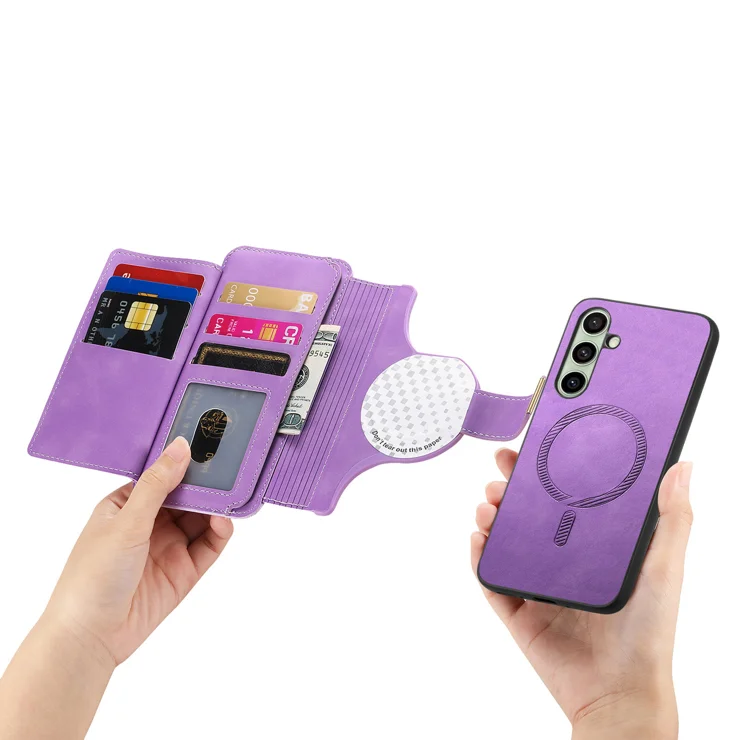 For Samsung Galaxy S23 FE Magnetic Leather Case with Detachable RFID Blocking Zipper Wallet Cover - Purple