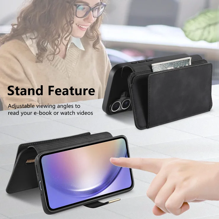 For Samsung Galaxy S23 FE Magnetic Leather Case with Detachable RFID Blocking Zipper Wallet Cover - Black
