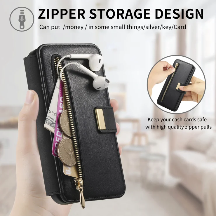 For Samsung Galaxy A54 5G Magnetic Leather Case with Detachable RFID Blocking Zipper Wallet Cover - Black