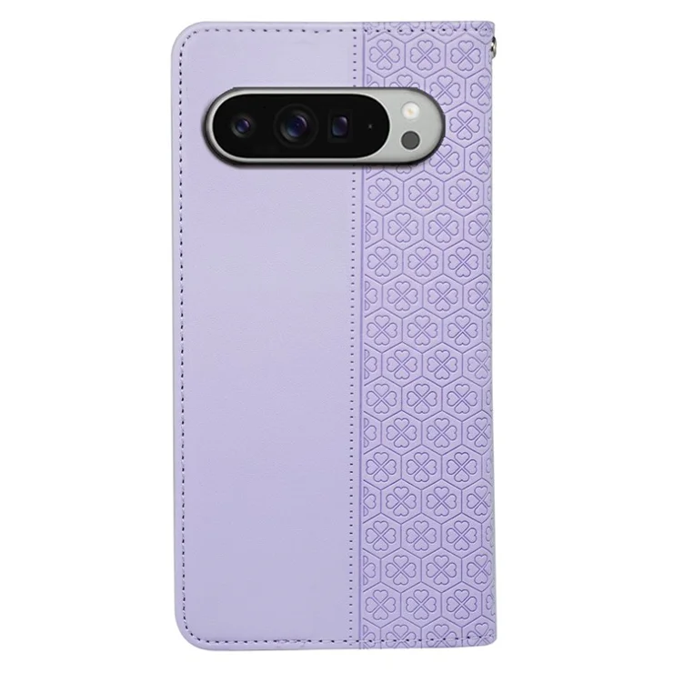 For Google Pixel 9 Pro XL Case Four Leaf Clover Leather Flip Phone Cover Stand Wallet - Light Purple