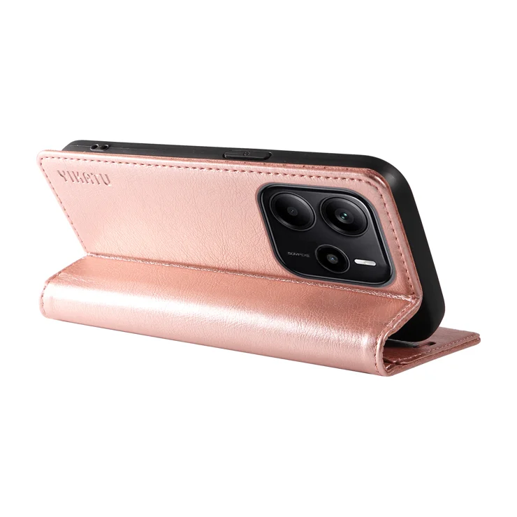 For Xiaomi Redmi Note 14 4G (163.25x76.55x8.16mm) Wallet Case YIKATU YK-006 Magnetic Closure Leather Phone Cover Litchi Texture - Rose Gold