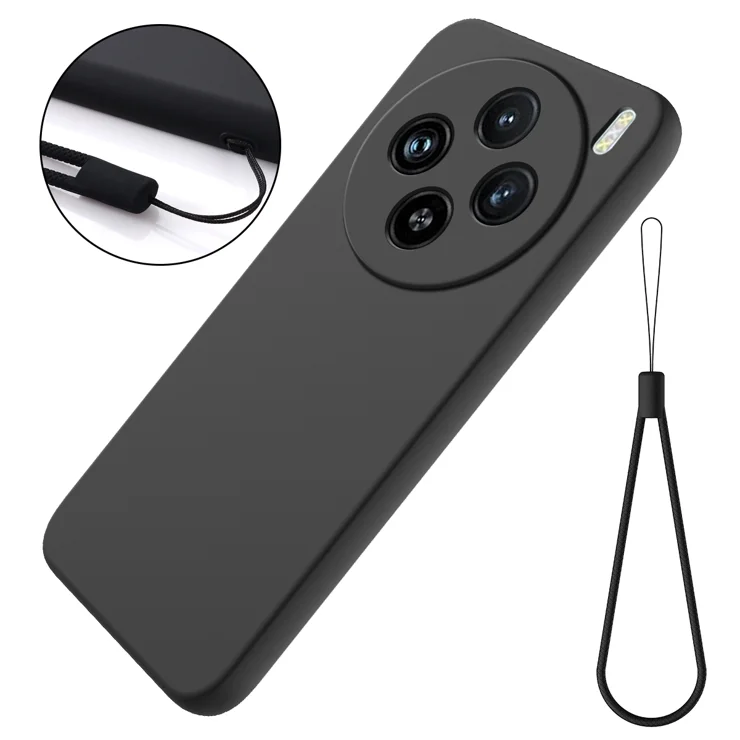 For vivo X200 5G Liquid Silicone Case Phone Back Cover with Hand Strap - Black