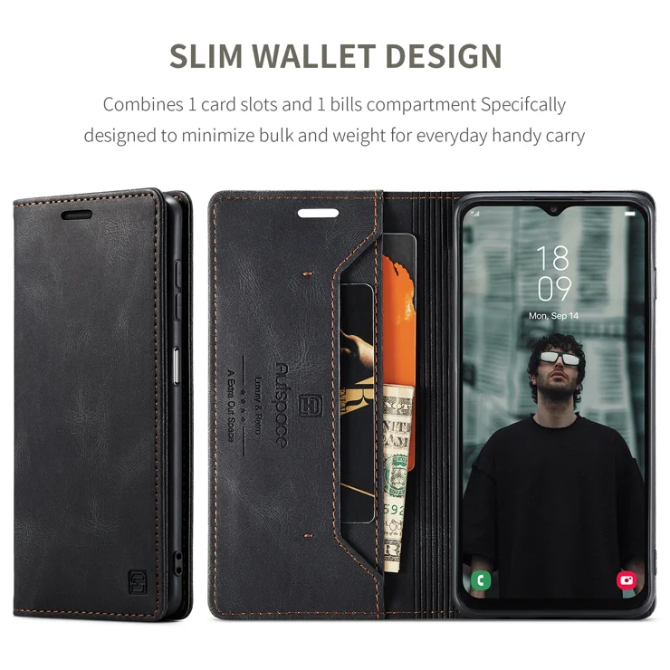 For Samsung Galaxy M23 5G / Galaxy A23 5G (Global Version) Wallet Case AUTSPACE A01 Leather Stand Cover with RFID Blocking Card Holder - Black
