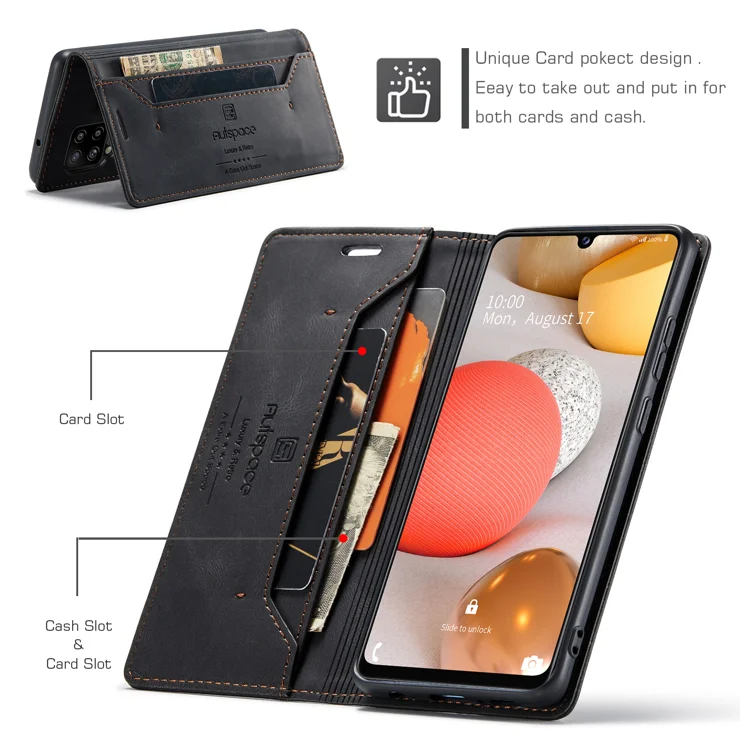 For Samsung Galaxy M42 5G / Galaxy A42 5G Wallet Case AUTSPACE A01 Leather Stand Cover with RFID Blocking Card Holder - Black