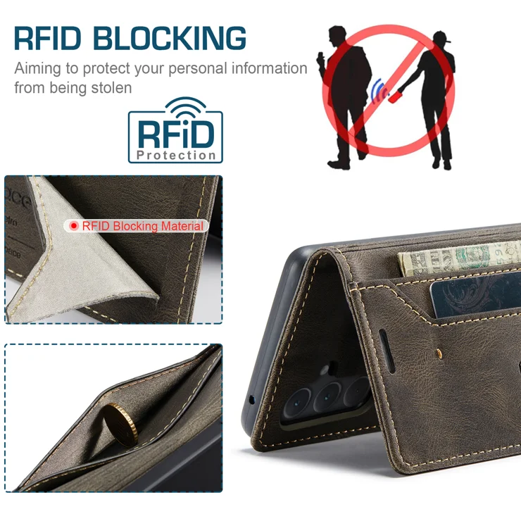 For Samsung Galaxy A35 5G Wallet Case AUTSPACE A01 Leather Stand Cover with RFID Blocking Card Holder - Coffee