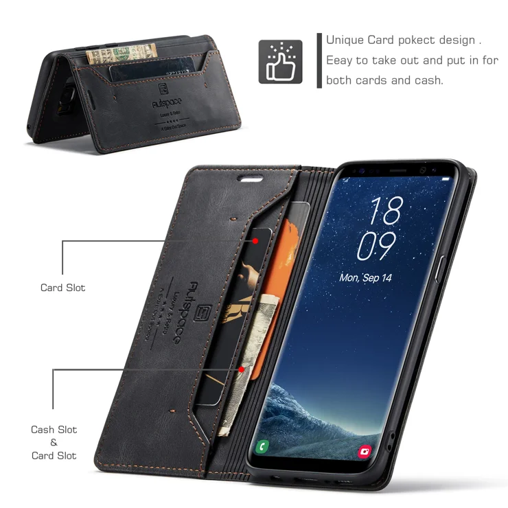 For Samsung Galaxy S8 Wallet Case AUTSPACE A01 Leather Stand Cover with RFID Blocking Card Holder - Black