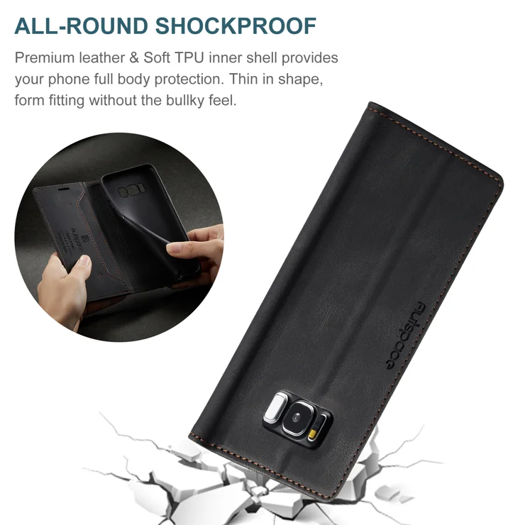 For Samsung Galaxy S8 Wallet Case AUTSPACE A01 Leather Stand Cover with RFID Blocking Card Holder - Black