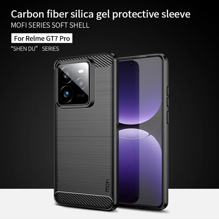 For Realme GT 7 Pro 5G Back Cover MOFI Brushed Texture Carbon Fiber Soft TPU Case - Black