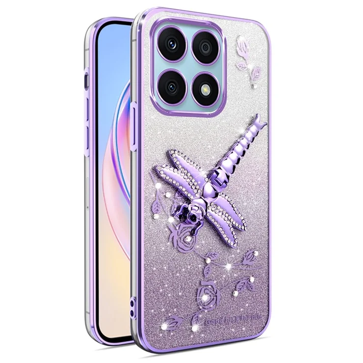 KADEM For Honor X8a 4G Case Dragonfly Kickstand TPU Flowers Glitter Phone Cover - Purple