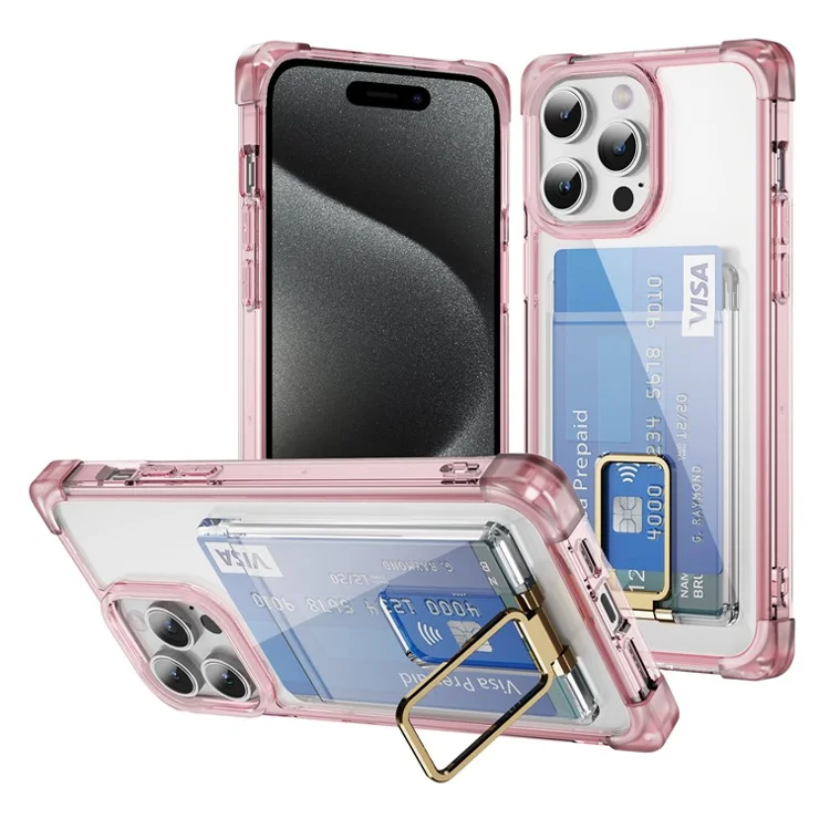 For iPhone 15 Pro Max Case Reinforced Corners TPU + Acrylic Phone Cover with Kickstand Card Holder - Transparent Pink
