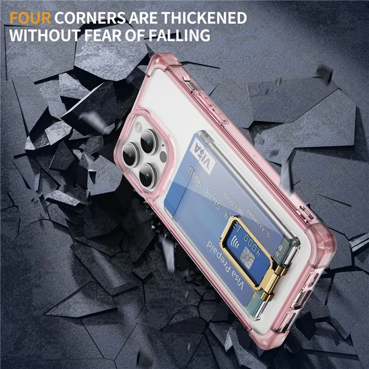 For iPhone 14 Pro Case Reinforced Corners TPU + Acrylic Phone Cover with Kickstand Card Holder - Transparent Pink