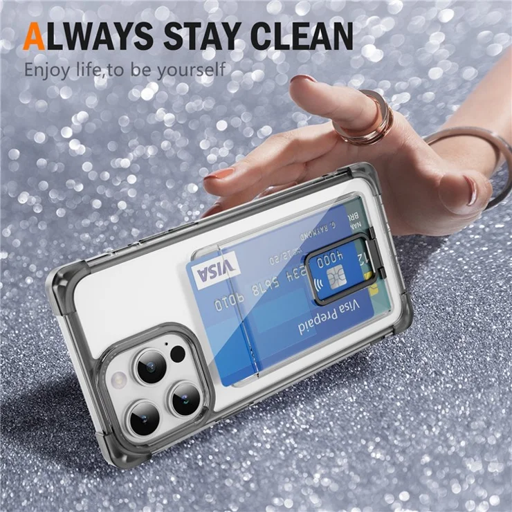 For iPhone 13 Pro Case Reinforced Corners TPU + Acrylic Phone Cover with Kickstand Card Holder - Transparent Black