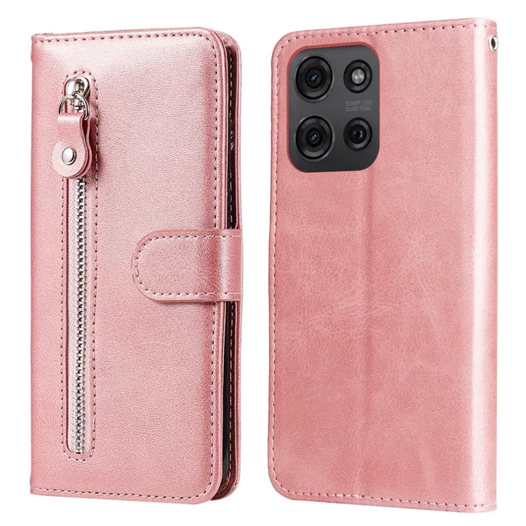 For Motorola Moto G75 5G Case Zipper Wallet Calf Texture PU Leather Phone Cover - Pink