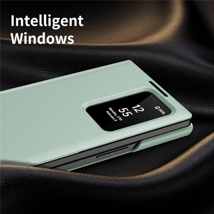 For Samsung Galaxy Z Fold4 5G Case Leather Phone Cover with View Window Card Slot - Light Green
