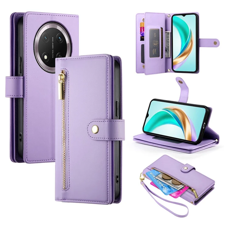 DF-011 For Honor Magic7 Lite 5G / X9c 5G / X60 Pro 5G Case Zipper Pocket Wallet Leather Phone Cover With Straps - Purple