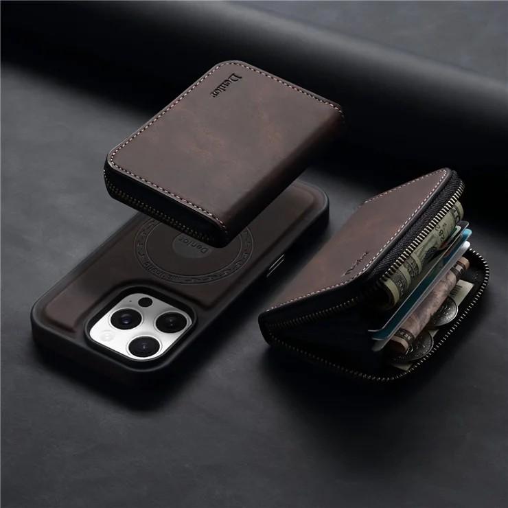 DENIOR For iPhone 16 Pro Case Skin Touch Leather Back Cover with Detachable Zipper Card Slot - Brown